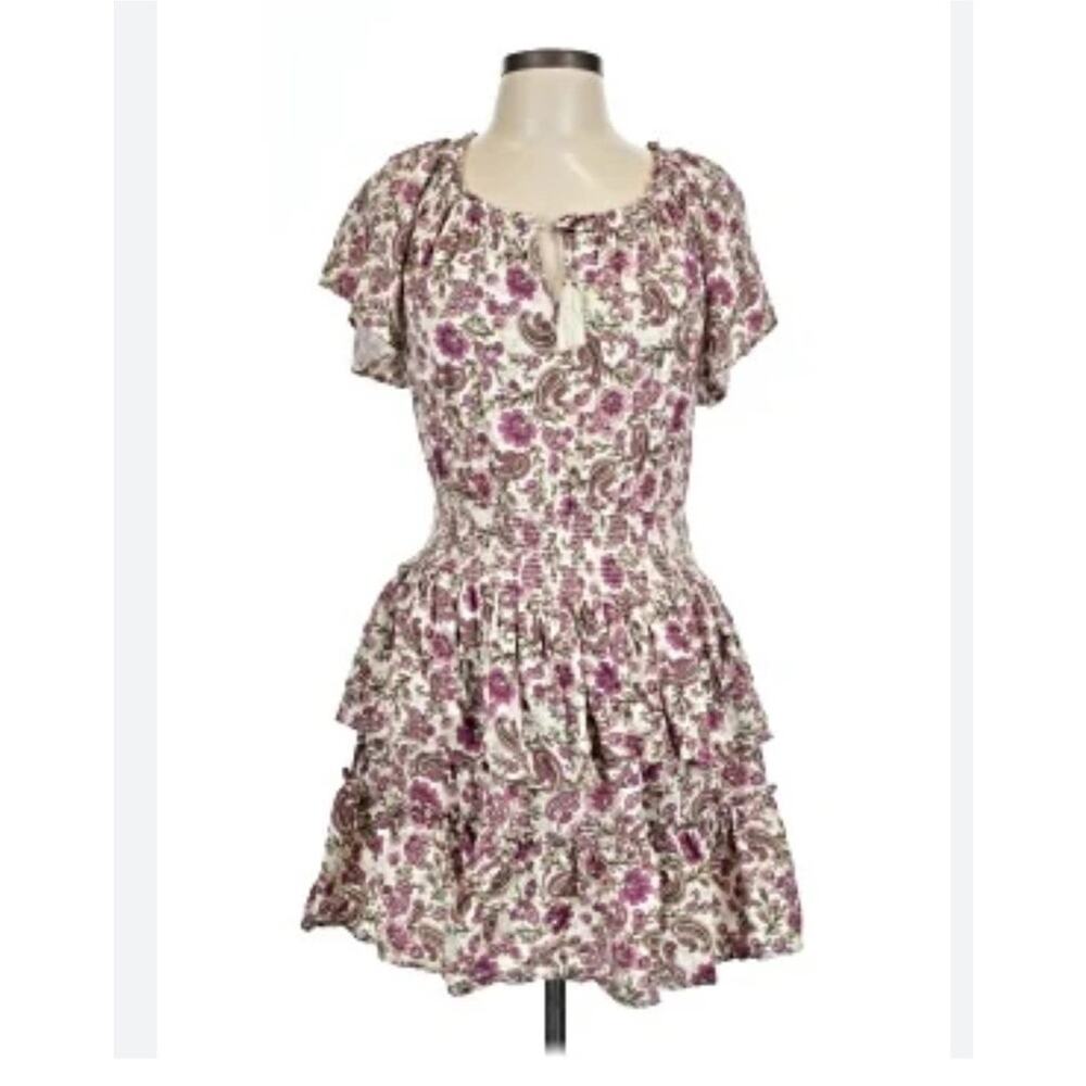 Patrons Of Peace Womens Tiered Mini Dress Sz XS Boho Floral Paisley Pink Spring‎